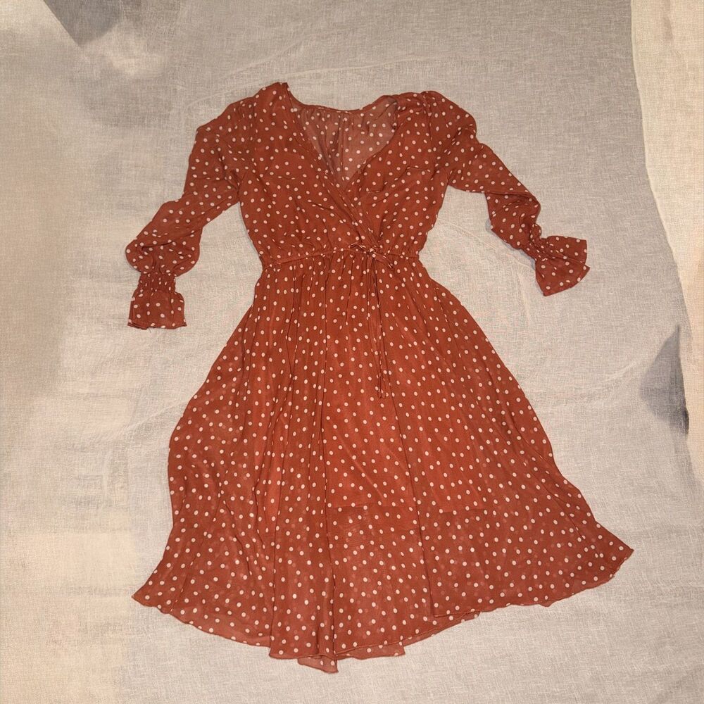 Orange Polka Dot Midi Dress Wrap V Neck Long Sleeve Tie Waist